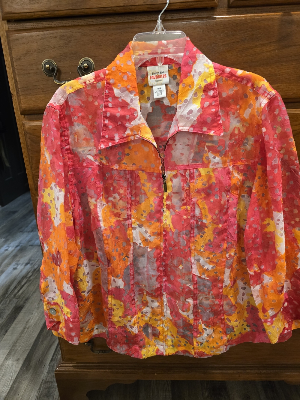 Ruby Rd. Pink and Orange Sheer Zip-Front Jean Jacket